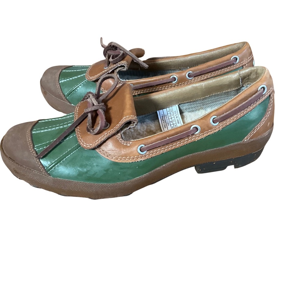 UGG Duck Boat Shoes Women 9 Green Brown Leather Shearling Lined 1898